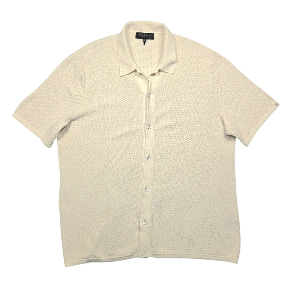 Rag & Bone Button Down Waffle Knit Shirt Mens XL Cream Textured Short Sleeve